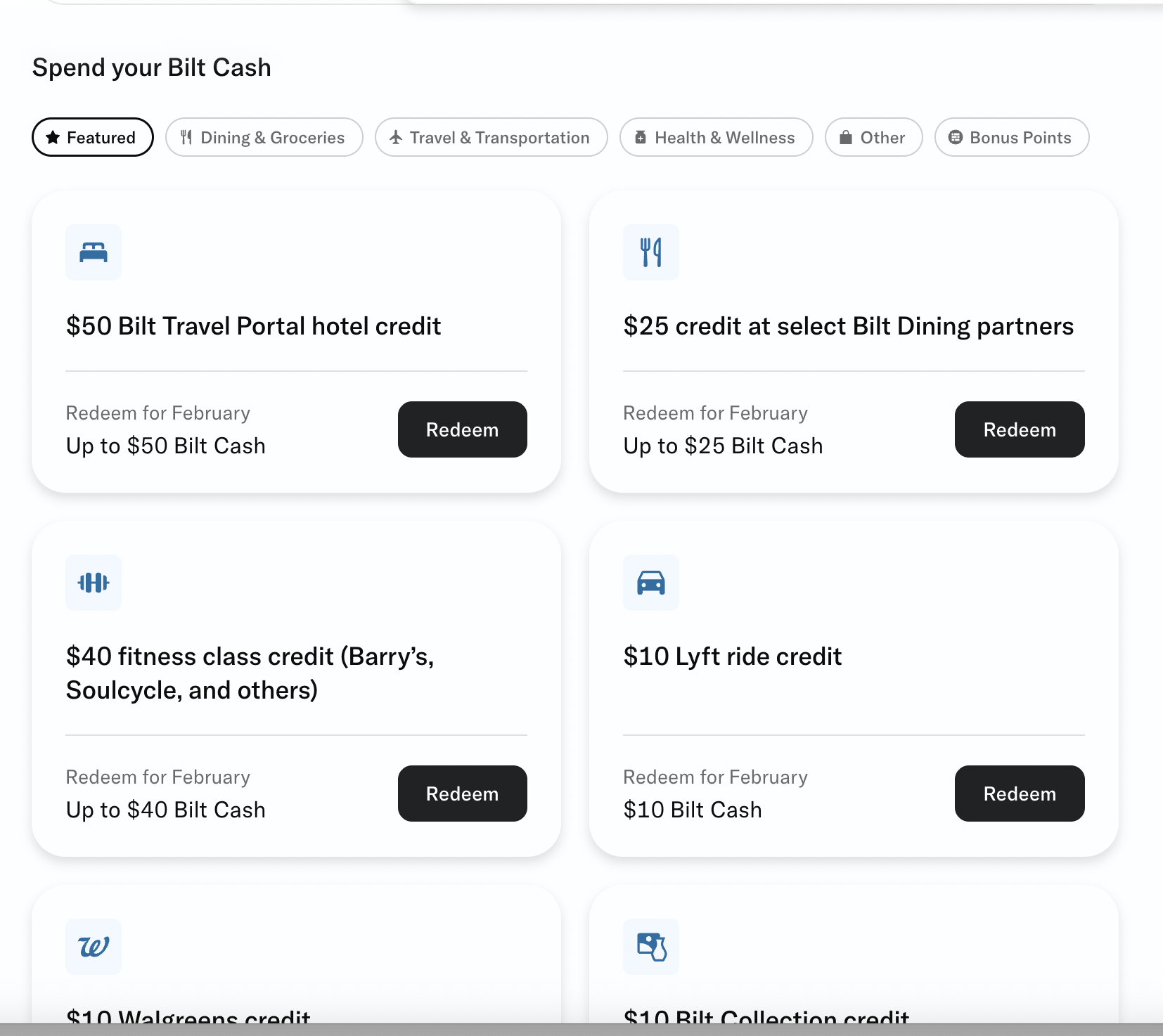 Bilt Cash options for redemptions. BILT